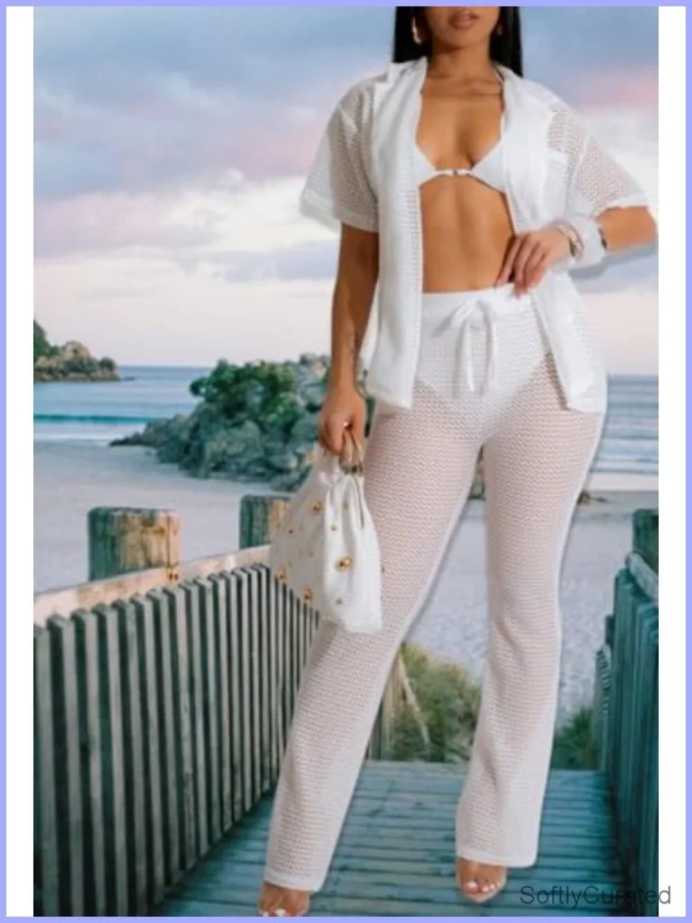 2 Piece Crochet Hollow Cover Up Set Button Up Top Drawstring Wide Leg Pants